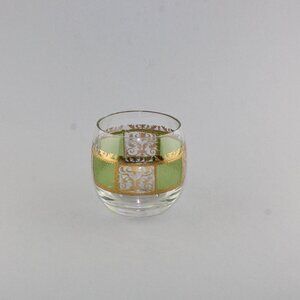 Culver Prado Roly Poly Glass 22K Gold Gilt Green Scroll Vintage MCM